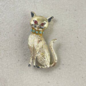 Vintage Siamese Cat Pin 1990s Gold Tone Metal Kitten Brooch w Rhinestone Eyes